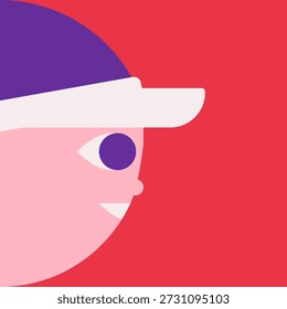 Flache Vektorgrafik mit Tennis- oder Golfspielerkopf. Er hat eine weiße Spitzenkappe als Teil der Sportausrüstung für Spiel oder Weltmeisterschaft. Minimalistisches Konzept, Clipart Sportkollektion