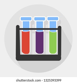 Vector Flat Illustration. Test Tube. Red Blue Green with Reagents. Research Result Scientific Instruments Biology Chemistry Molecular Analysis and Presence Bacteria Virus in Organism.