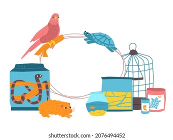 Vector flat illustration text frame with a set of goods accessories and food for domestic exotic animals. Rodent, snake, fish, parrot are drawn. It can be used to design names of topics, titles, etc.