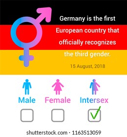 Vector flat illustration with text, German flag, male, female, intersex icons and check boxes on white background.