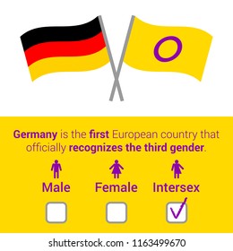 Vector flat illustration with text, intersex and German flags, questionnaire with male, female, intersex icons and check boxes on white and yellow backgrounds.