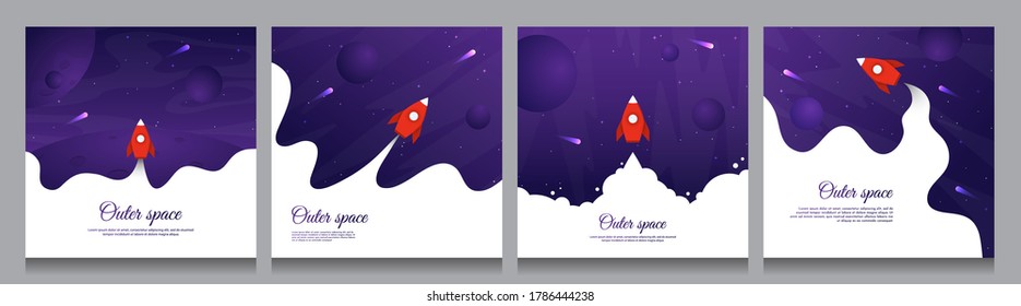 Vector flat illustration with text. Outer space exploration wallpaper. Element for design banner, social media background, blog post. Spaceship