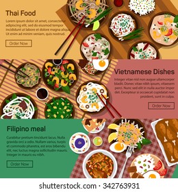 Vector flat illustration of thai, vietnam, philippines national dishes. Salads and meat meals with sauce and spicy ingredients.Rice, noodles, straches, papaya, salad, paste, sauce ingridients.