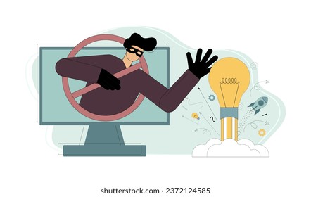 Vector flat illustration. Theft and plagiarism, copying ideas and thoughts. A man, a swindler, a deceiver, reaches for someone else's idea, a light bulb