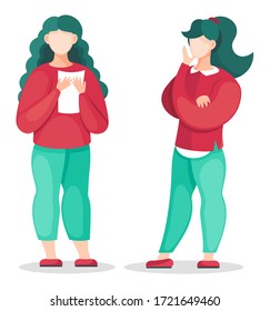 Vector flat illustration of thoughtful young standing women, female holding paper list in hands, female makes thinking gesture, two girls thinking or solving problem, discussion between two girls