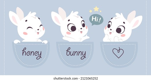 Vector flat illustration with three cute little honey bunny animal sit in cotton pocket isolated. Cartoon children illustration for prints, cards, nursery designs. 