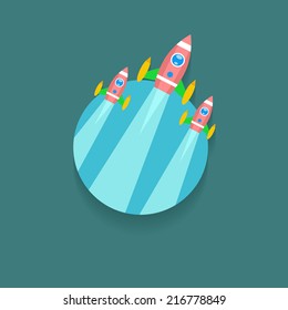 Vector Flat Illustration. Three Rockets With Clouds, Business Concept