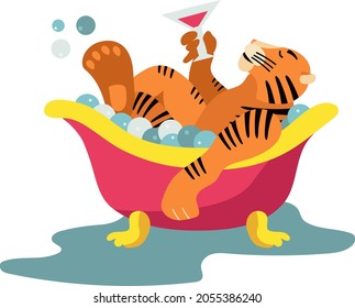 Vector flat illustration of tiger taking a bubble bath with drink.Bright cartoon character for Chinese New year 2022.Animal symbol for prints,stickers,books,design