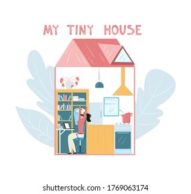 Vector flat illustration tiny, compact house, its interior with resident. Woman is working on laptop. You can use it in banners, posters, landing pages, web design, etc.