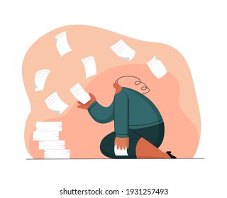 Vector flat illustration tired woman, office worker, dealing with documents. Concept of work overload, business, apathy, workspace, laziness, reduced motivation, procrastination.