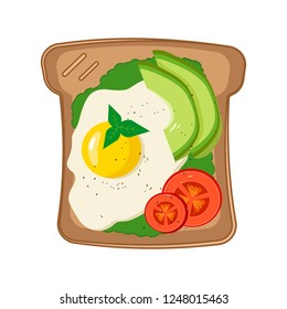 Vector flat illustration of toast with avocado and egg, pepper, seeds, greens and tomato on brown bread. Isolated on white background. Healthy breakfast. Vegetarian meal.