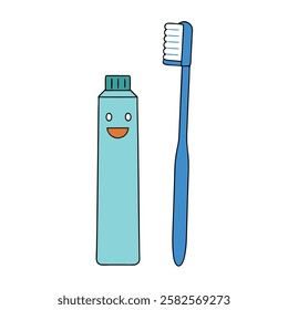 Vector flat illustration of a toothbrush and tooth. Perfect for dental care, oral hygiene, healthcare, dentistry, and toothpaste-related designs.