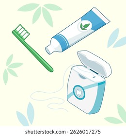 Vector flat illustration of toothpaste, dental floss, and a green bamboo toothbrush on a light background with blue leaves, in a clip art style.