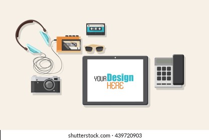 Vector Flat illustration, top view of retro objects with modern tablet.