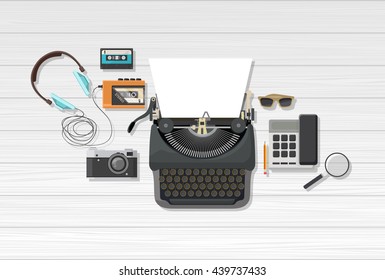 Vector Flat illustration, top view of retro objects with typewriter.