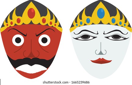 Imagen plana vectorial del topeng betawi, mascarillas tradicionales de la etnia Betawi, hombres y mujeres, de Yakarta, Indonesia