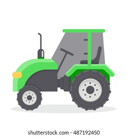 Vector flat illustration of tractors. Agricultural machinery. Cab green tractor.