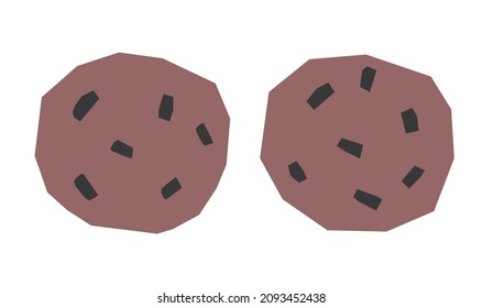 Vector flat illustration with traditional Christmas dessert - oatmeal cookies. Isolated food has simple geometric shapes. Round ginger biscuits is decorated by chocolate pieces. White background