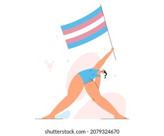 Vector flat illustration with transgender caucasian person with rainbow flag in his hand going in yoga pose.