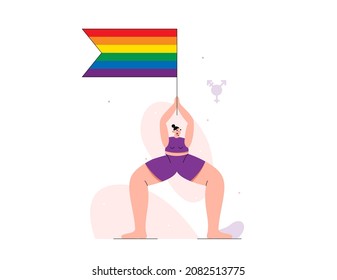 Vector flat illustration with transgender caucasian person and rainbow flag in his hand staing in yoga pose.