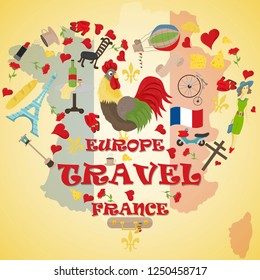 vector flat illustration travel to Europe France, symbols and attractions, set of drawings, print design and web design, all drawings on separate layers