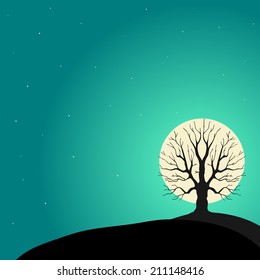 Vector flat illustration of a tree with bare branches on a moon background with gradient sky. Valley, cemetery, hill at the night, evening with clear skyline, scape. Concept of horror, death, mystery