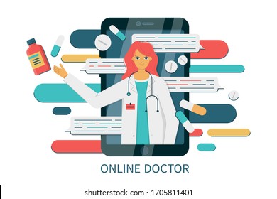 Vector flat illustration in trending colors of a smartphone with internet chat with a female doctor. Medical online diagnostics and consultation. Woman recommends medicines and pills in messenger.
