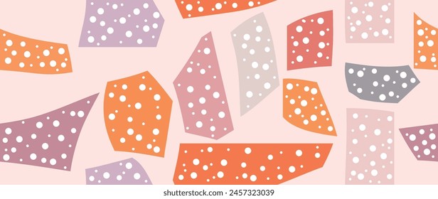 Vector flat illustration. Trendy abstract seamless pattern of various colored shapes with white polka dots on a beige background. Perfect for screensaver, poster, card, invitation or home decor.
