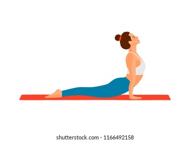 Vector flat illustration in trendy color of woman doing yoga. Cobra pose. Asana demonstration.  