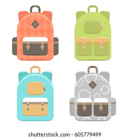 Vector flat illustration of a trendy cute colorful city backpacks with zippers and pockets for young people
