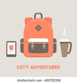 Vector flat illustration of a trendy cute red backpack with multiple items for city traveling: smartphone with a map, coffee in a hot mug.