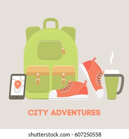Vector flat illustration of a trendy green backpack with multiple items for city traveling: smartphone with a map, bright sneakers and coffee in a hot mug.