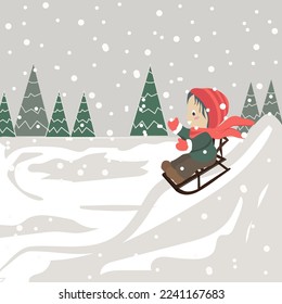 
Vector flat illustration in trendy pastel colors a small child in comfortable winter clothes sledding down an ice slide
