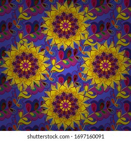  Vektorillustration flach. Tropische Pflanze. Nahtlos. Lebhafte tropische Blumen und Blätter auf violettem, gelbem und violettem Hintergrund.
