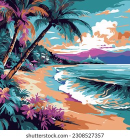 vector flat illustration of tropical landscape in colorful bright color. summer sea and beach illustration. 