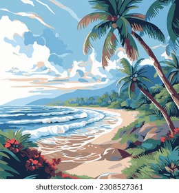 ilustración plana vectorial del paisaje tropical en color colorido brillante. ilustración de playa y mar de verano. 