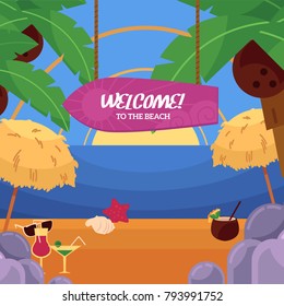 Vector flat illustration of tropical sea beach vacation, travelling panorama with loungers, palms clean sand, sailing ship, water to the horizon, welcome to the beach inscription on surf