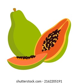 Vector flat illustration of tropical,exotic juicy fruit.Healthy food, natural vegetarian product.Cross section, half, slice and whole papaya with black seeds.Isolated on a white,transparent background