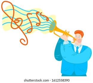 Vector flat illustration trumpeter playing trumpet. Abstract cloud with notes emerges from musical instrument. Concept jazz music. Can be used in posters, postcards, web design, for text, etc.