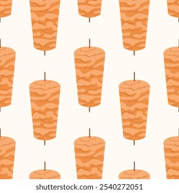 Vector flat Illustration of a Turkish Doner Kebab Meat Stack on a Vertical Spit. Seamless pattern, Perfect for use in culinary designs, menus, and cultural projects.