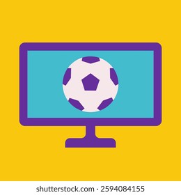 Vector flat illustration with tv or computer desktop with screen of footbal match or championship. Bright background. Live broadcast. Minimalistic concept, clipart sport collection