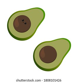 Vector flat illustration of two avocados. Cute smiling avocado sliced in a half.