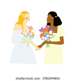 Vector flat illustration with two beautiful lesbians brides. Interracial LGBT wedding.