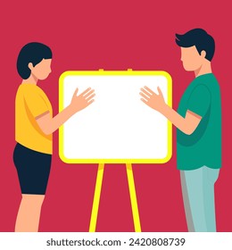 
Ilustración vectorial plana de dos entrenadores de negocios cerca de una pizarra.
