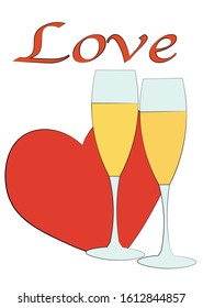Vector flat illustration with two champagne and heart. Card for valentines day. Champagne and heart as symbols of love