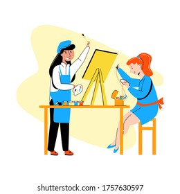 Vector flat illustration of two children, girls who are engaged in creative work, painting and embroidering. Children engaged in amateur activities  and developing creativity concept.