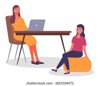 Vector flat illustration of two communicating colleagues in office sitting at table with laptop, at soft chair. Business women discuss new project or startup working together. Teamwork in the office