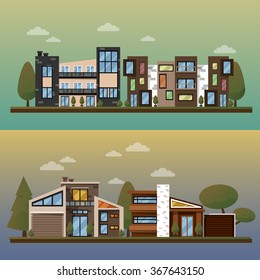 Vector flat illustration of two family house and sweet home banners outdoor street, private pavement, backyard with garage. Office architecture with beautiful plants and bushes. Private house banner