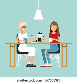 Vector Flat Illustration Of Two Friend Girls Sitting At The Coffee House. Young Women Chatting At Cafe And Drinking Coffee And Enjoying Together