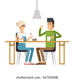 Vector flat illustration of two friend sitting at the coffee house. Young women and man chatting at cafe and drinking coffee and enjoying together